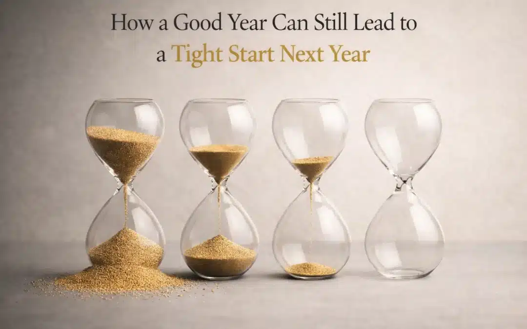 How a good year can still lead to a tight start next year, illustrated by hourglasses with declining sand levels representing cash flow timing gaps and profit misalignment in creative businesses.