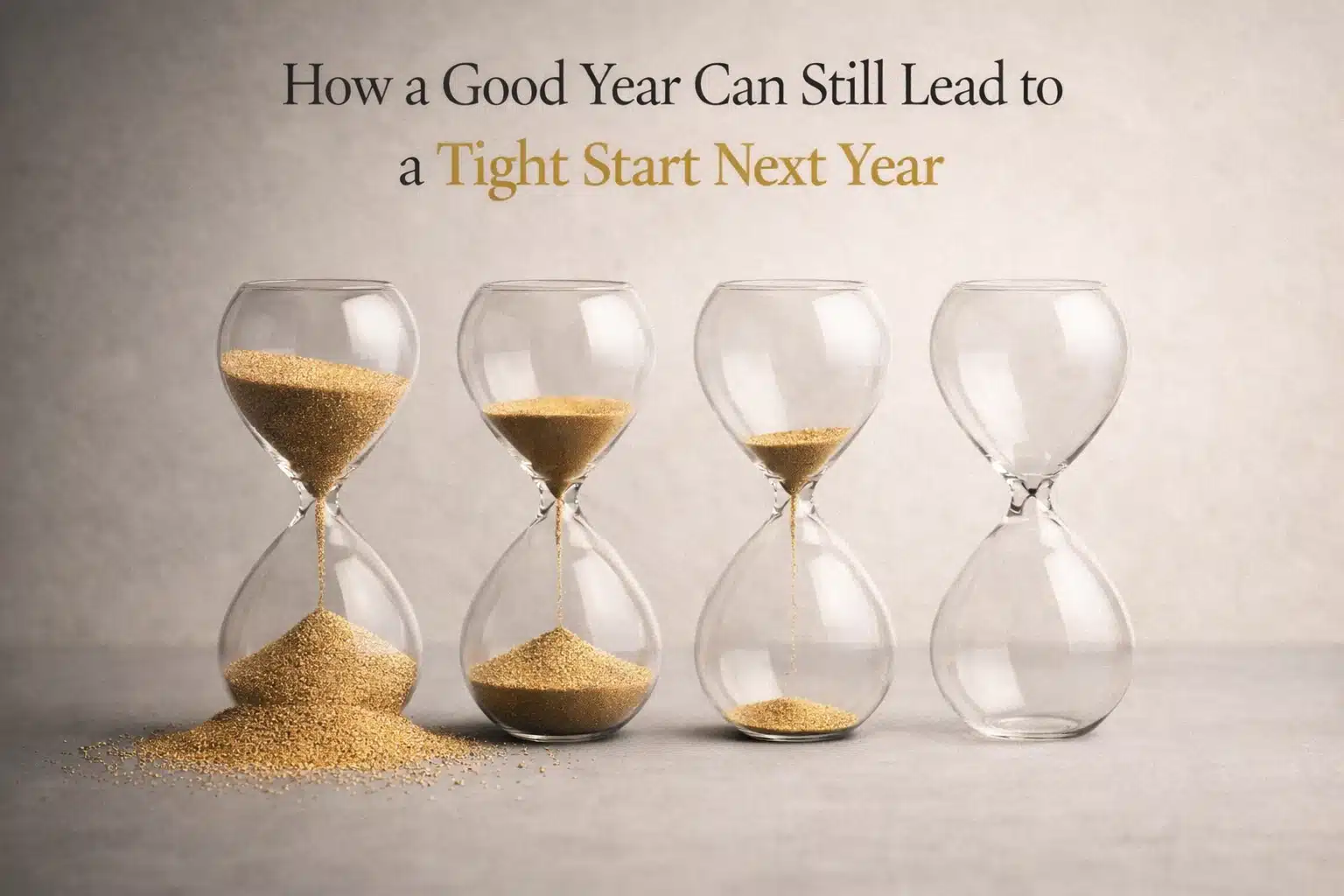 How a good year can still lead to a tight start next year, illustrated by hourglasses with declining sand levels representing cash flow timing gaps and profit misalignment in creative businesses.