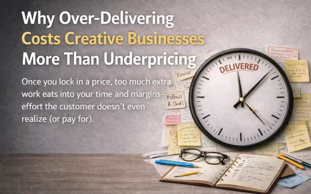 Why over-delivering costs creative businesses more than underpricing, shown by a clock labeled “Delivered” surrounded by notes and extra work representing unpaid time, rising costs, and shrinking profit margins.