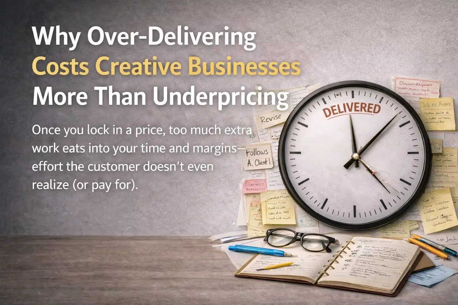 Why over-delivering costs creative businesses more than underpricing, shown by a clock labeled “Delivered” surrounded by notes and extra work representing unpaid time, rising costs, and shrinking profit margins.