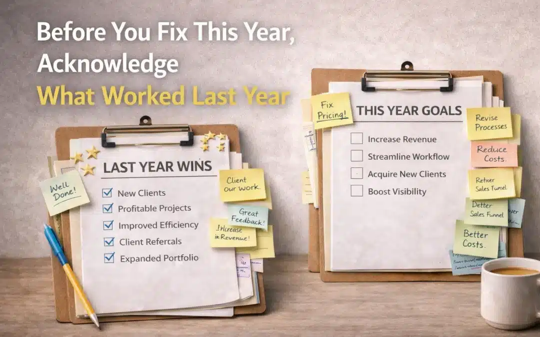 Before you fix this year, acknowledge what worked last year, illustrated by two clipboards comparing last year wins and this year goals for creative businesses.