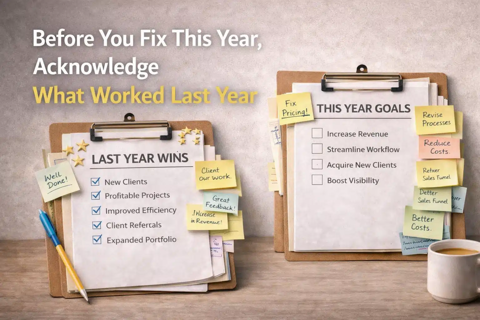 Before you fix this year, acknowledge what worked last year, illustrated by two clipboards comparing last year wins and this year goals for creative businesses.