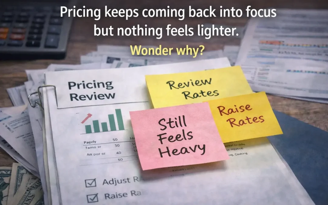 Creative business owner reviewing pricing documents at a desk, illustrating why pricing reviews keep happening without real relief due to structural gaps in delivery.