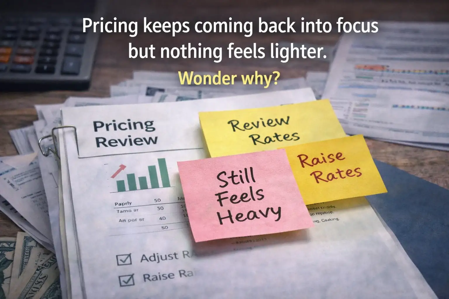 Creative business owner reviewing pricing documents at a desk, illustrating why pricing reviews keep happening without real relief due to structural gaps in delivery.