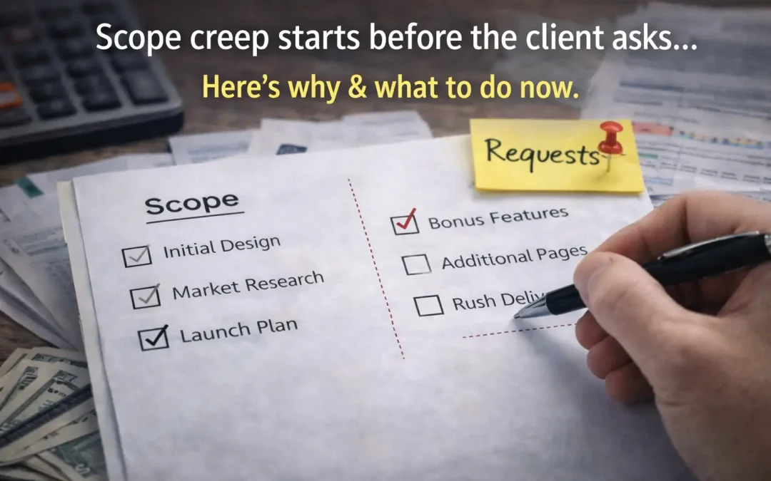 A checklist showing approved scope items with additional requests highlighted, illustrating how scope creep develops during project delivery.