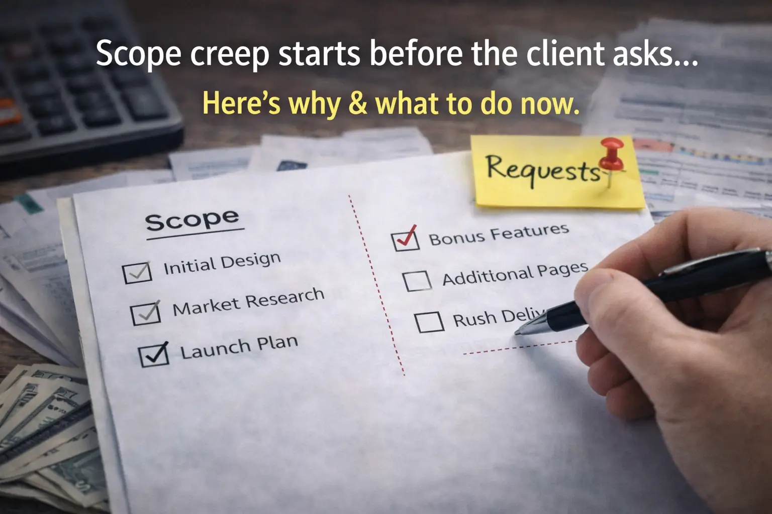 A checklist showing approved scope items with additional requests highlighted, illustrating how scope creep develops during project delivery.