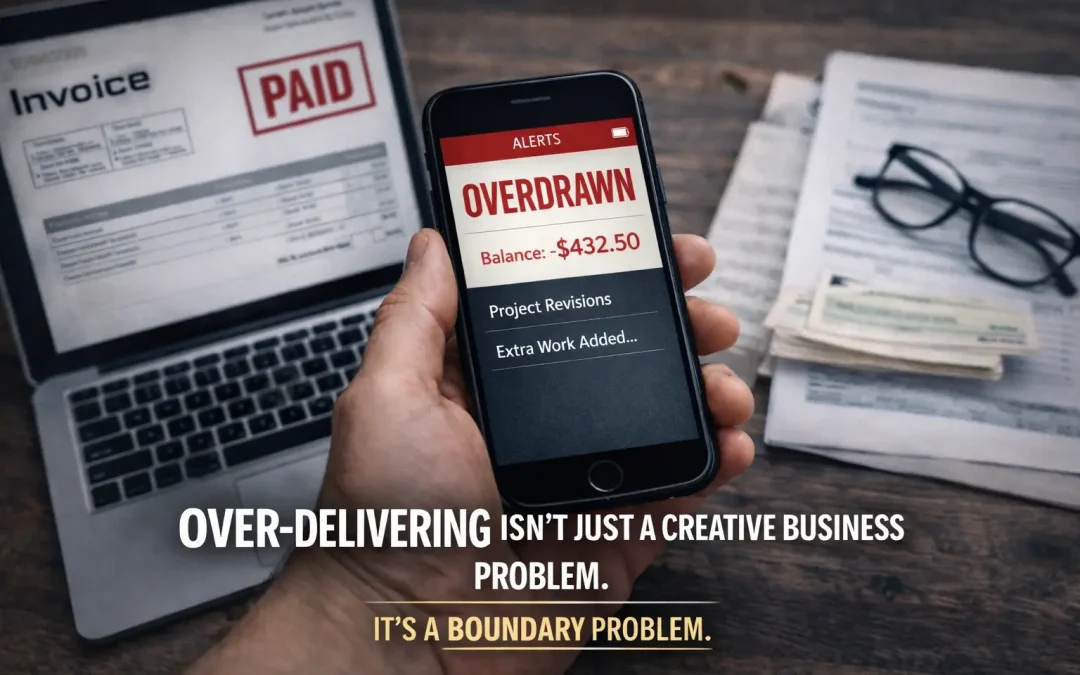 business owner looks at a phone showing an overdrawn bank account, illustrating how over-delivery turns paid work into financial pressure.