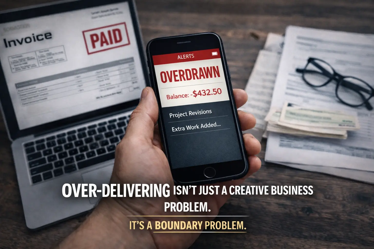 business owner looks at a phone showing an overdrawn bank account, illustrating how over-delivery turns paid work into financial pressure.