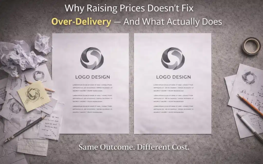 Two identical creative designs shown side by side, one surrounded by discarded drafts, notes, and tools to illustrate how over-delivery increases cost without changing the outcome.
