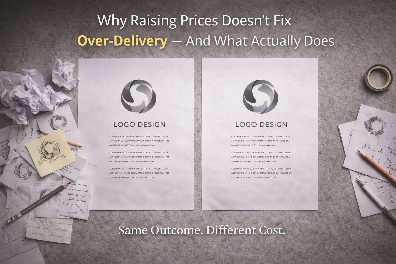 Two identical creative designs shown side by side, one surrounded by discarded drafts, notes, and tools to illustrate how over-delivery increases cost without changing the outcome.
