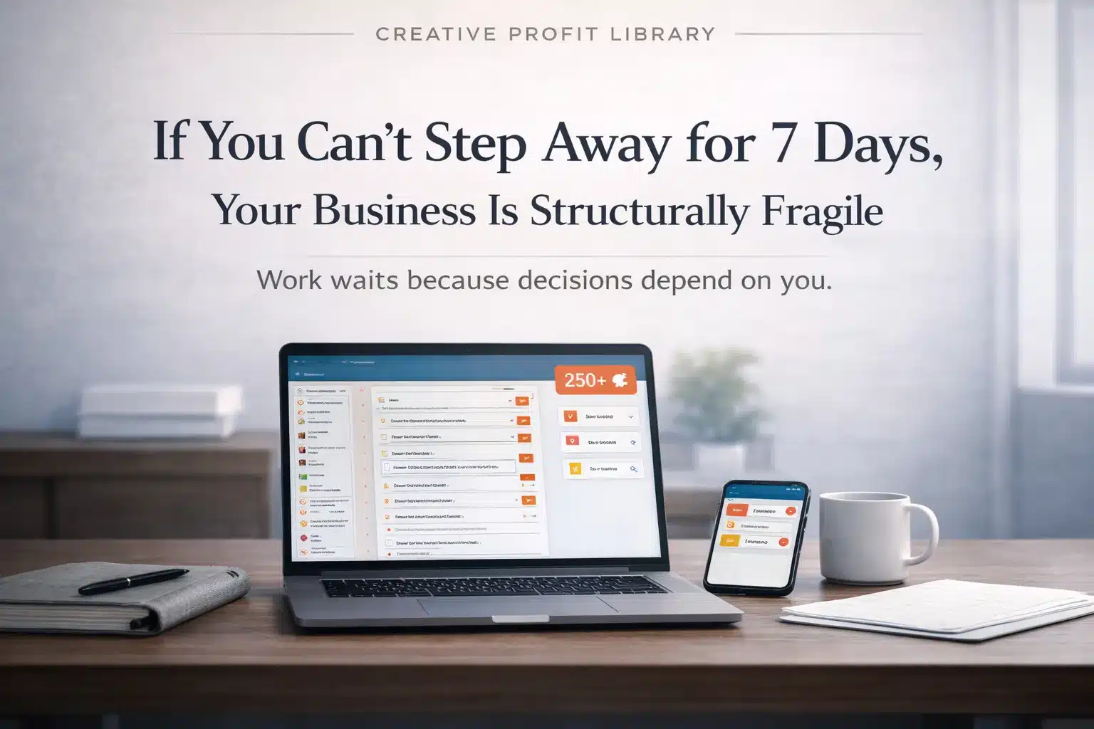 Work backlog on laptop and phone showing business dependency on founder decisions