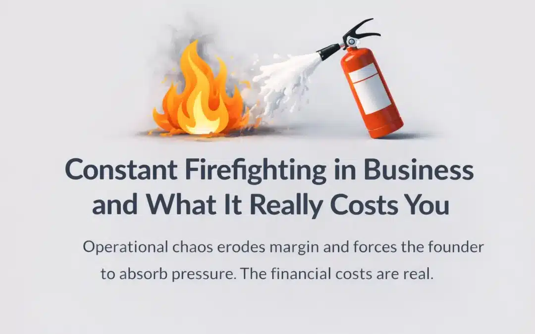 Fire extinguisher spraying foam on flames symbolizing constant firefighting in business operations.