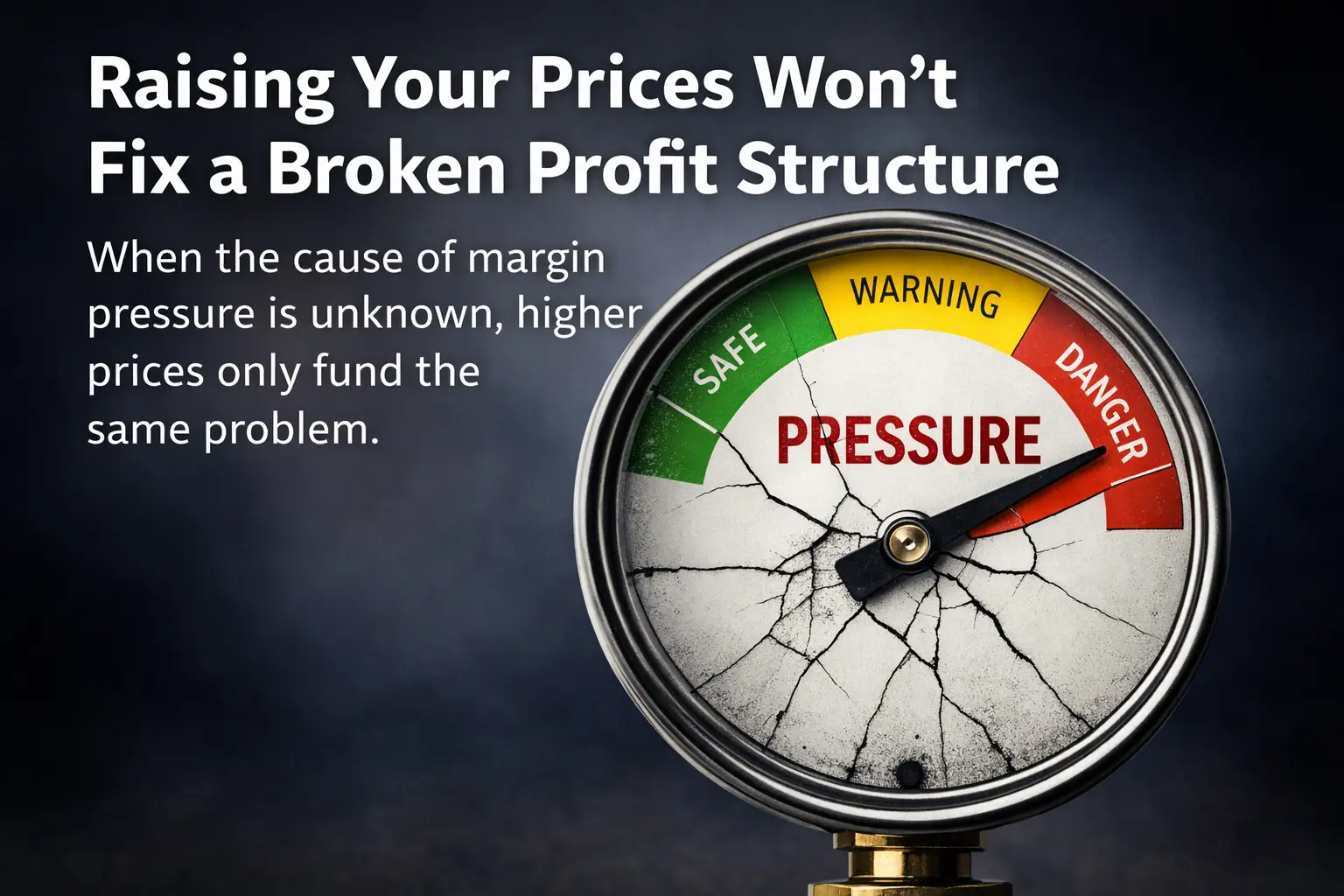 Pressure gauge in danger zone showing business profit pressure from unresolved cost issues