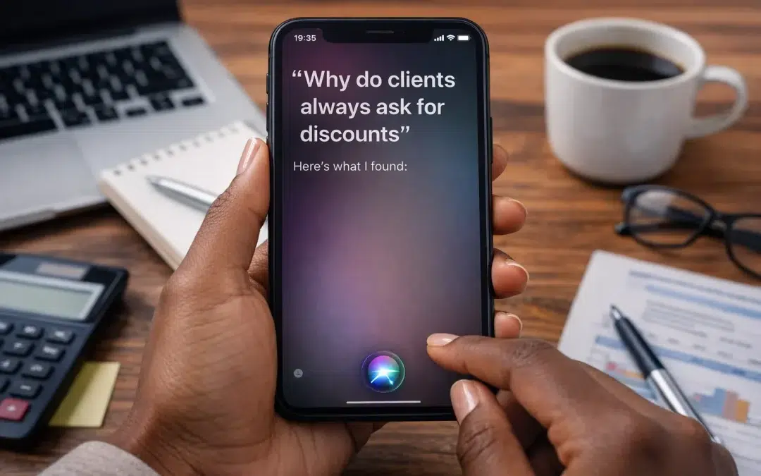 Smartphone in portrait mode showing a Siri search for “why do clients always ask for discounts”