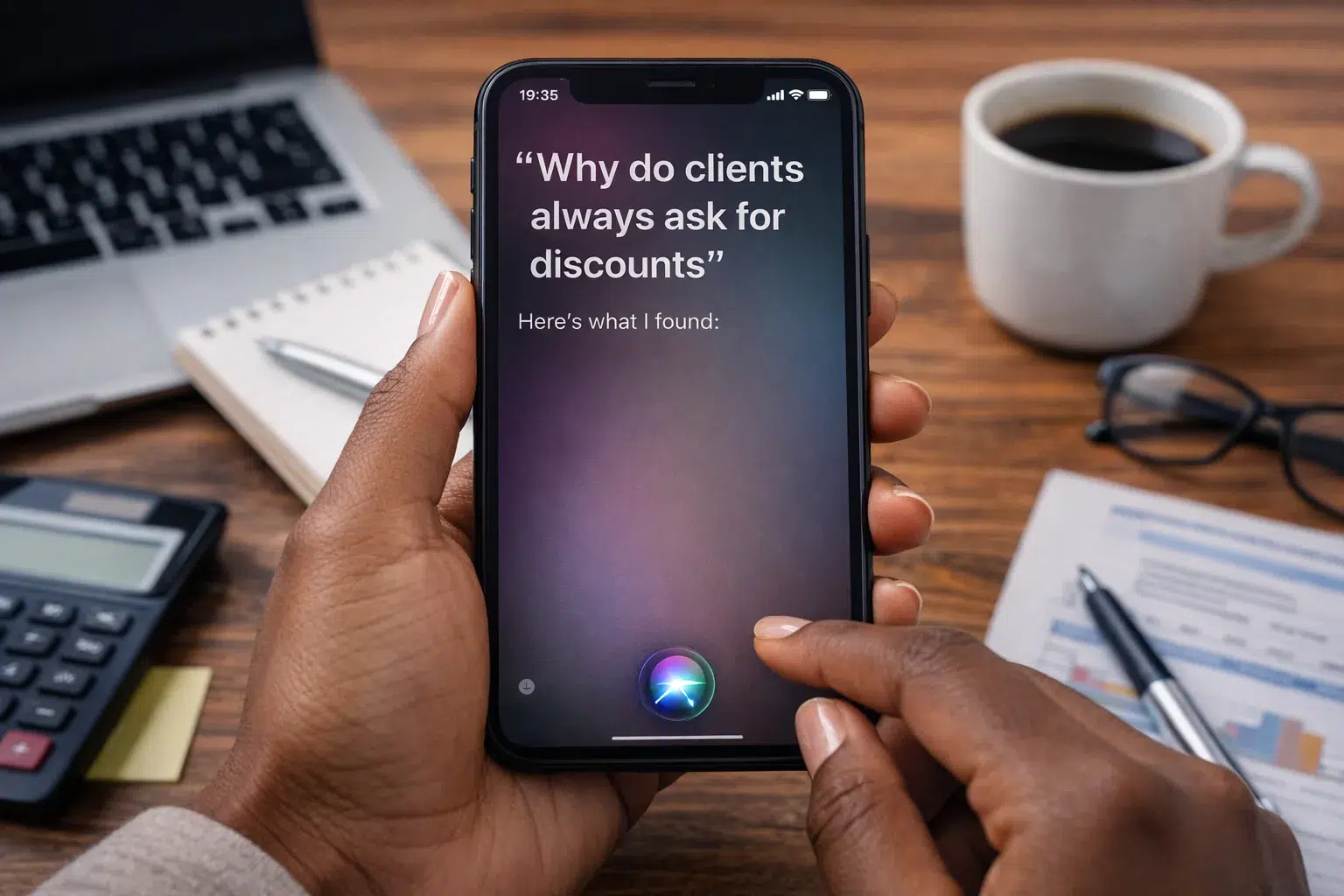 Smartphone in portrait mode showing a Siri search for “why do clients always ask for discounts”