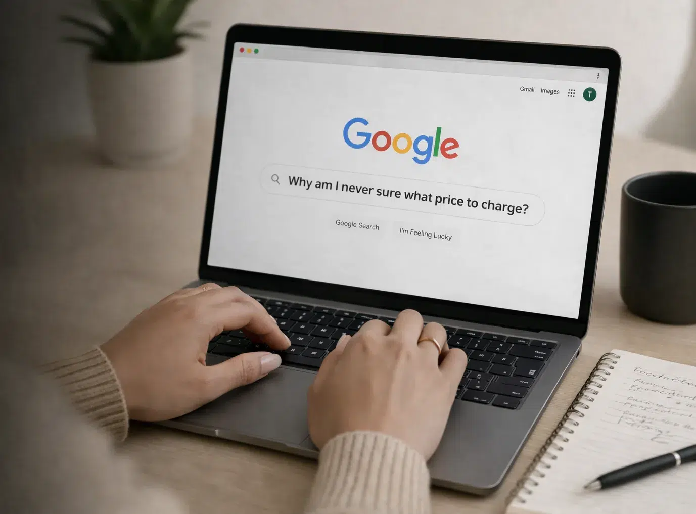 lady on laptop running a google search on the topic why am i never sure what price to charge