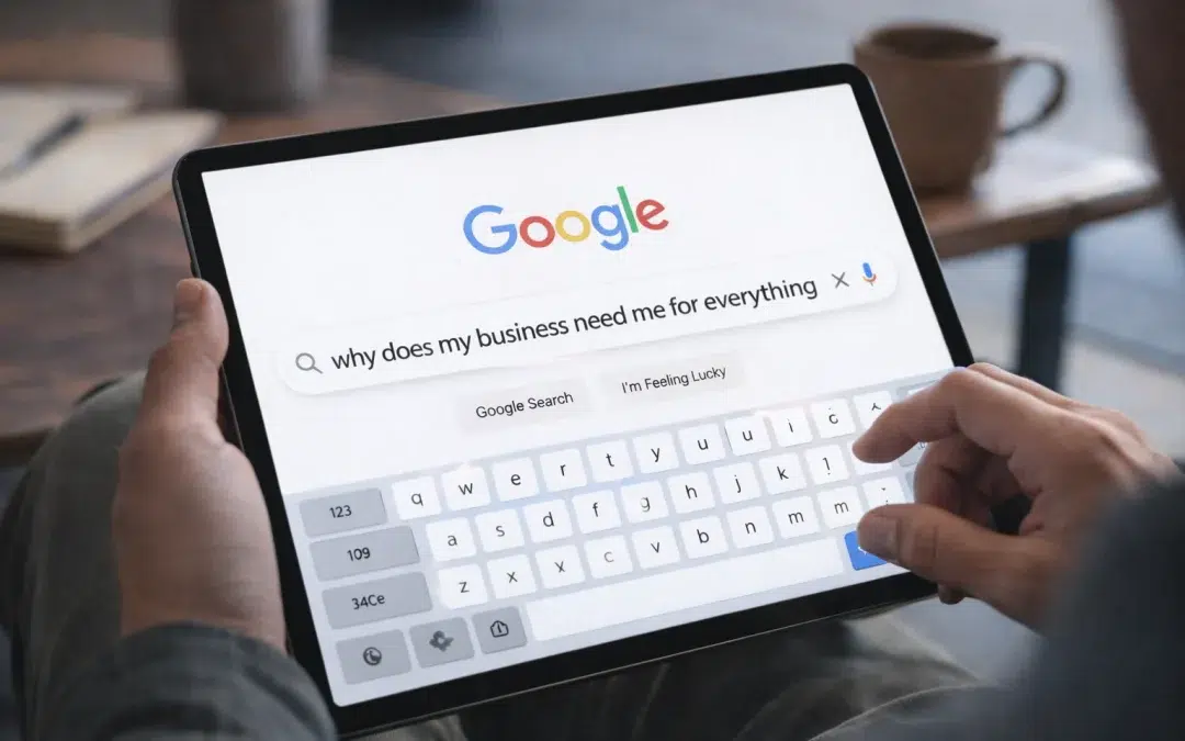 Business owner holding a tablet and typing “why does my business need me for everything” into Google, viewed up close in a clean, well-lit workspace.