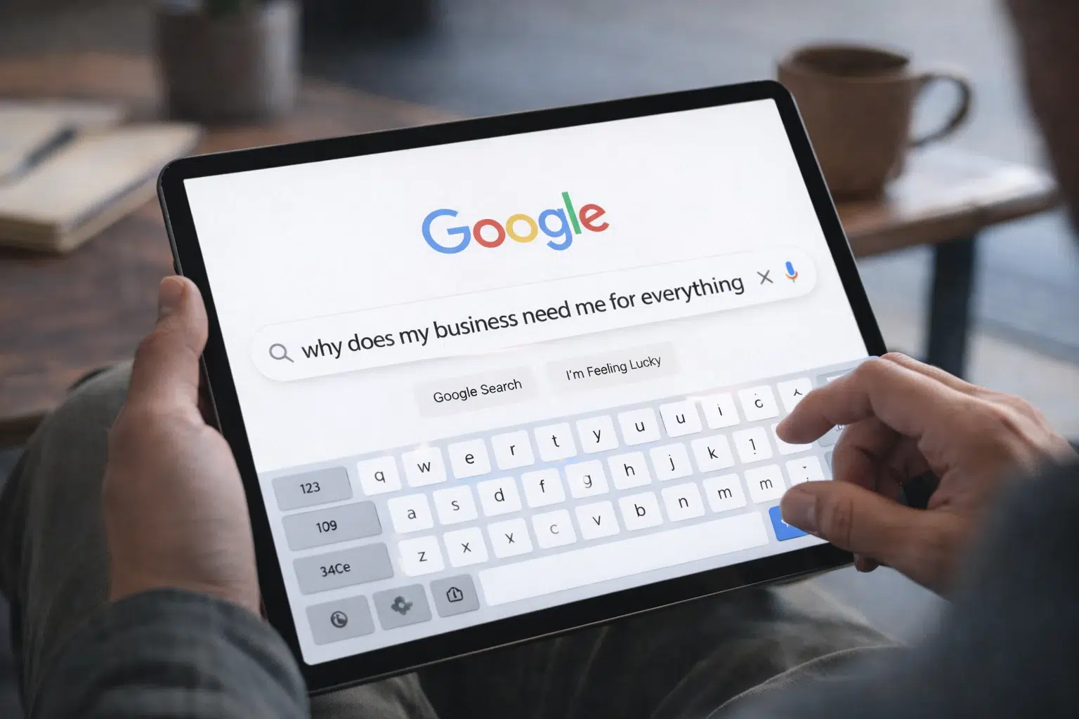 Business owner holding a tablet and typing “why does my business need me for everything” into Google, viewed up close in a clean, well-lit workspace.