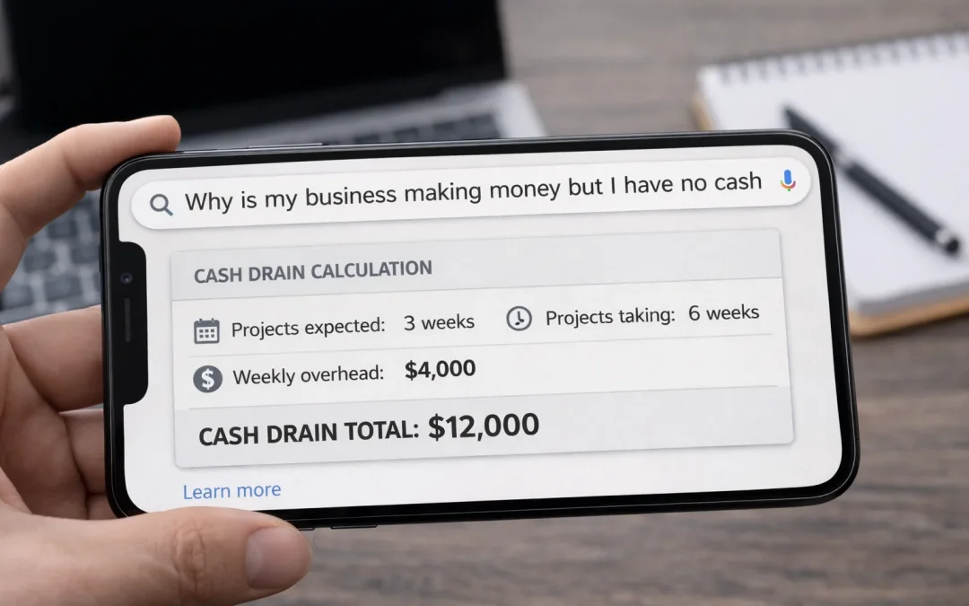 Smartphone in landscape mode showing a Google search for “why is my business making money but I have no cash” with a cash drain calculation displayed on screen, held over a desk workspace with a laptop and notebook in the background.