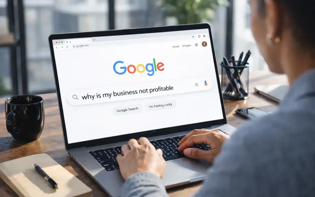 Business owner typing “why is my business not profitable” into Google on a laptop at a desk, viewed over the shoulder in a bright workspace.