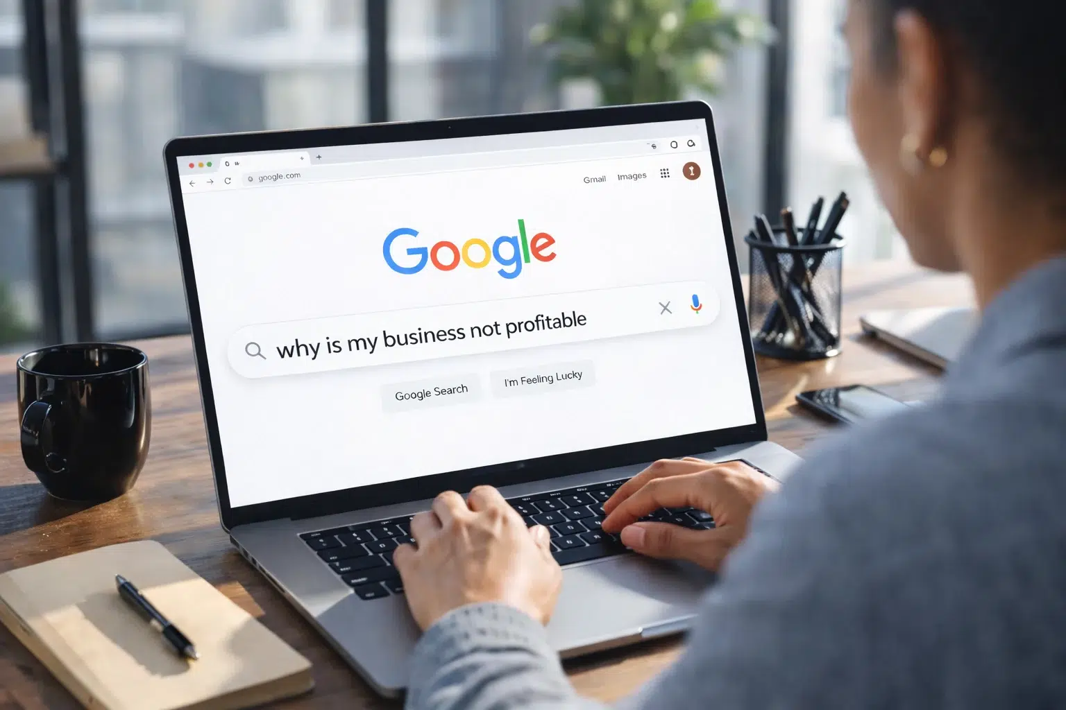 Business owner typing “why is my business not profitable” into Google on a laptop at a desk, viewed over the shoulder in a bright workspace.
