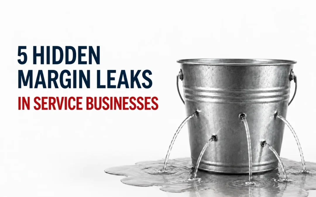 Illustration of a leaking metal bucket beside the headline “5 Hidden Margin Leaks in Service Businesses,” representing profit erosion and operational strain inside service businesses.