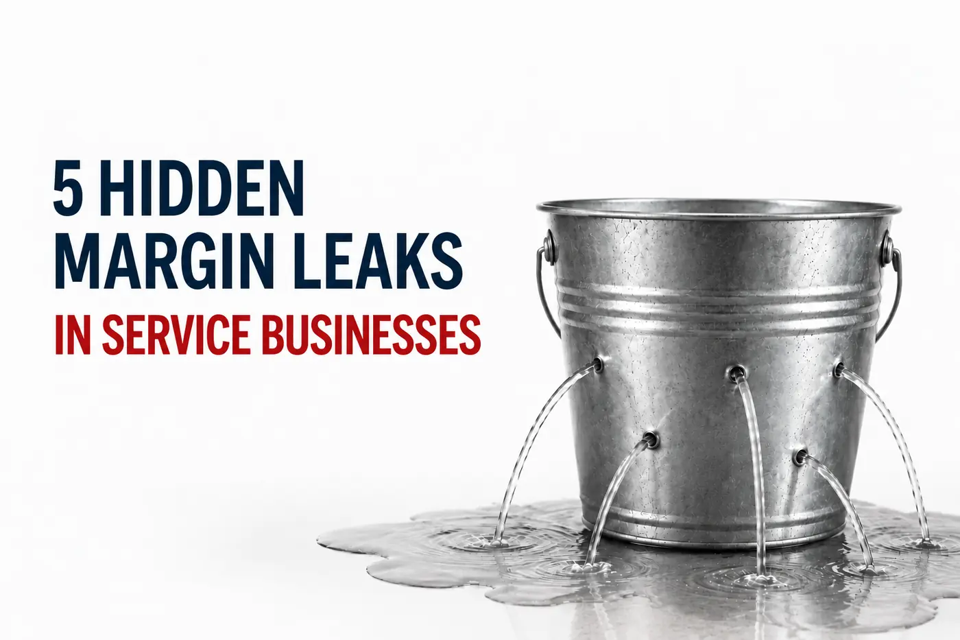 Illustration of a leaking metal bucket beside the headline “5 Hidden Margin Leaks in Service Businesses,” representing profit erosion and operational strain inside service businesses.